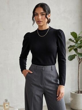 stradivarius Black Puff-Sleeve Crewneck Top